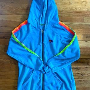 Aviator Nation Classic 4 Stripe Zip Up Hoodie in Neon Blue Neon Rainbow Stripes